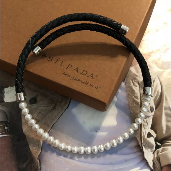 Silpada Freshwater Pearl & Black Leather Choker N1066 Vintage - Picture 4 of 15